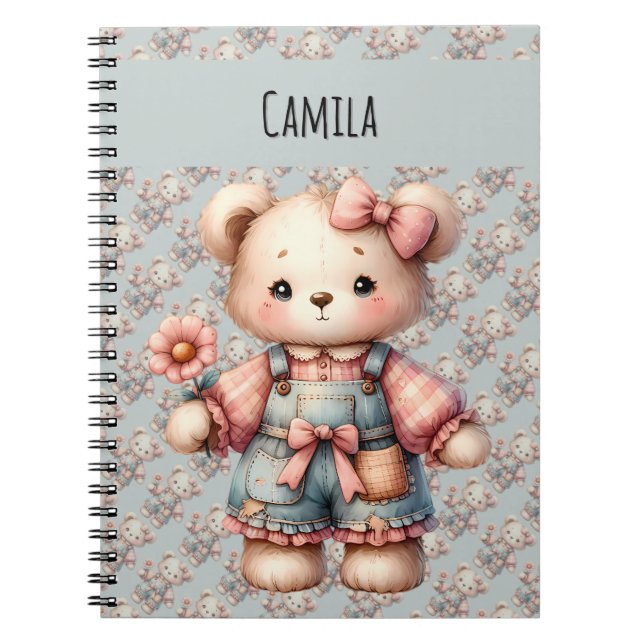 Pastel Teddy Bear Holding Flower Wearing Overalls Notebook (Front)