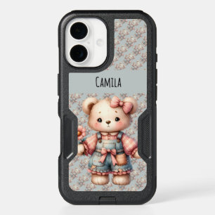 Pastel Teddy Bear Holding Flower Wearing Overalls iPhone 16 Case