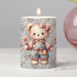 Pastel Teddy Bear Holding Flower Wearing Overalls Pillar Candle