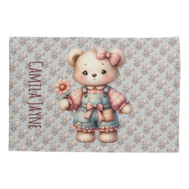 Pastel Teddy Bear Holding Flower Wearing Overalls Pillow Case (Back)