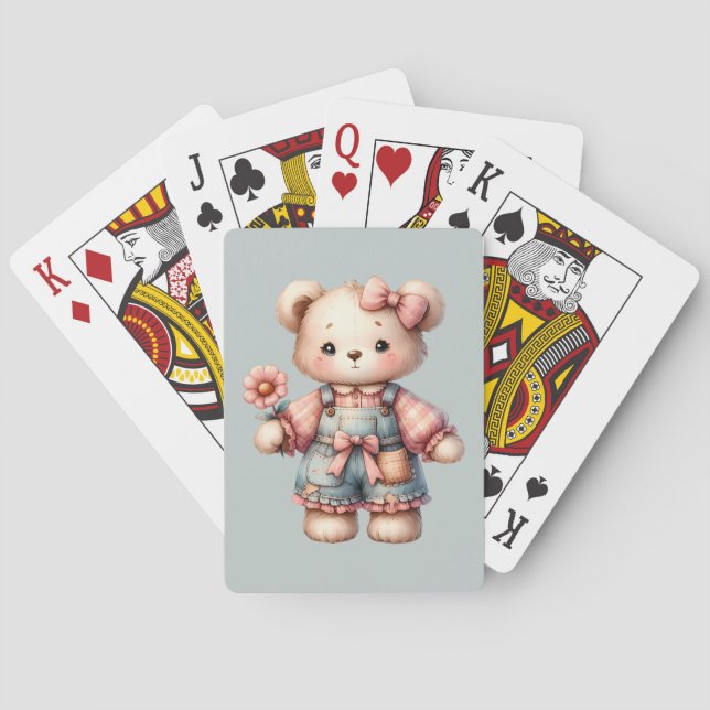 Pastel Teddy Bear Holding Flower Wearing Overalls Poker Cards (Back)