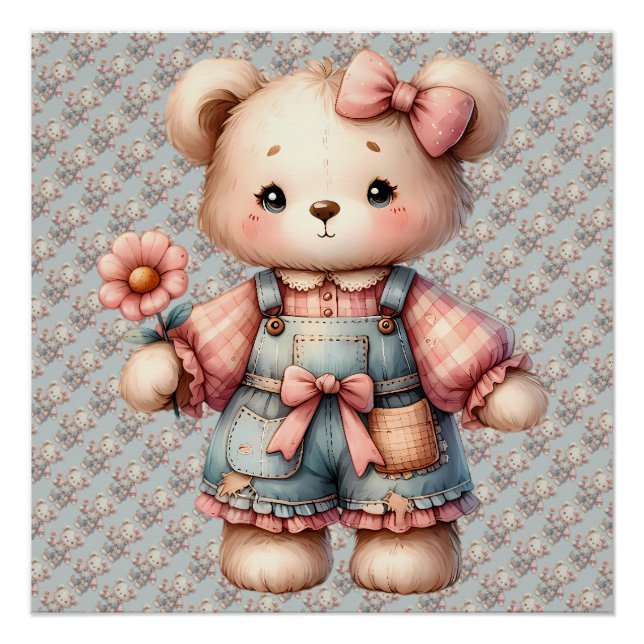 Pastel Teddy Bear Holding Flower Wearing Overalls Poster (Front)