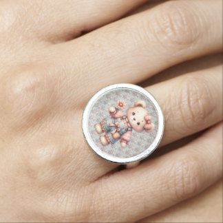 Pastel Teddy Bear Holding Flower Wearing Overalls Ring
