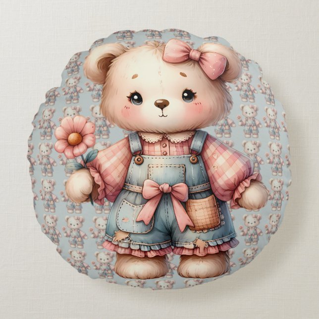 Pastel Teddy Bear Holding Flower Wearing Overalls Round Pillow (Front)