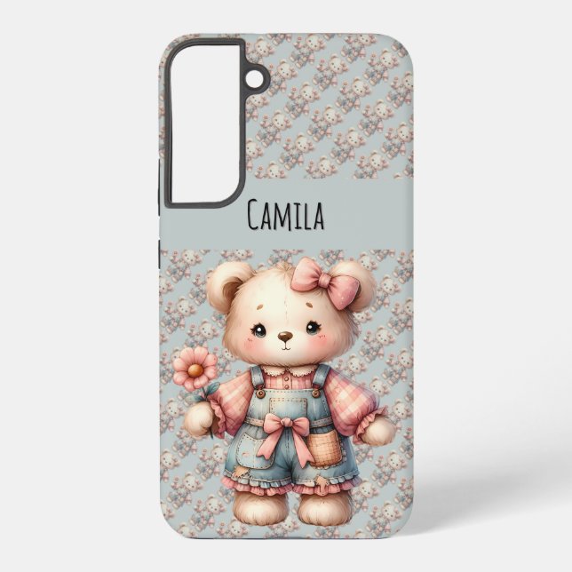 Pastel Teddy Bear Holding Flower Wearing Overalls Samsung Galaxy Case (Back)