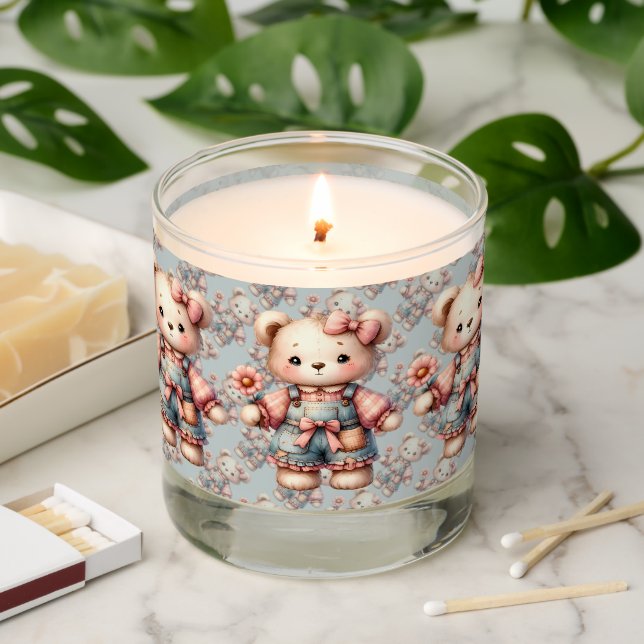 Pastel Teddy Bear Holding Flower Wearing Overalls Scented Candle (Lit)