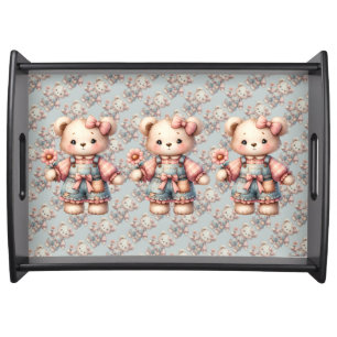 Pastel Teddy Bear Holding Flower Wearing Overalls Serving Tray
