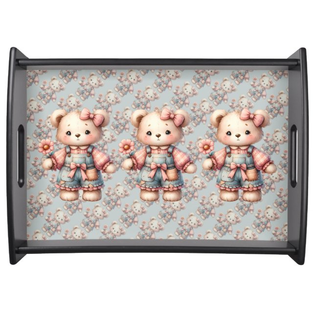 Pastel Teddy Bear Holding Flower Wearing Overalls Serving Tray (Front)