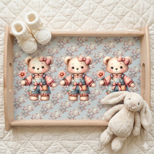 Pastel Teddy Bear Holding Flower Wearing Overalls Serving Tray