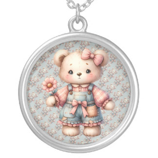 Pastel Teddy Bear Holding Flower Wearing Overalls Silver Plated Necklace