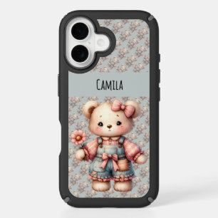 Pastel Teddy Bear Holding Flower Wearing Overalls iPhone 16 Case