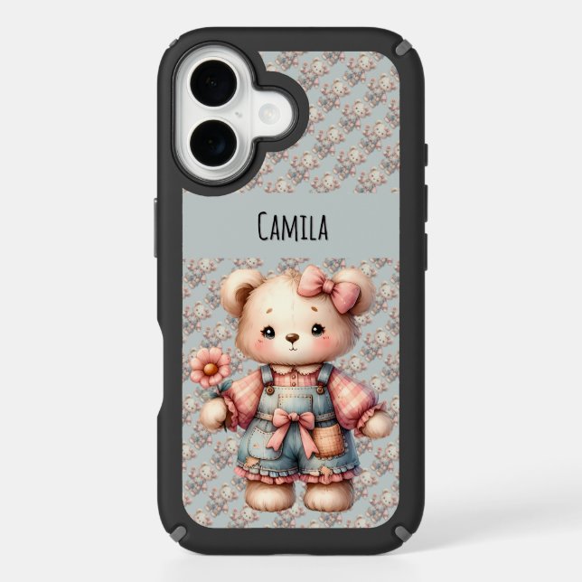 Pastel Teddy Bear Holding Flower Wearing Overalls Speck iPhone Case (Front)