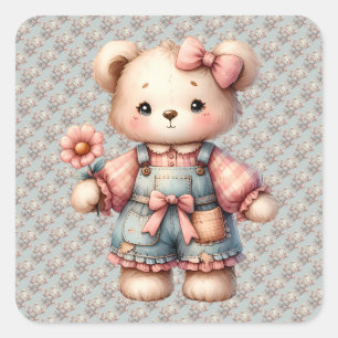 Pastel Teddy Bear Holding Flower Wearing Overalls Square Sticker