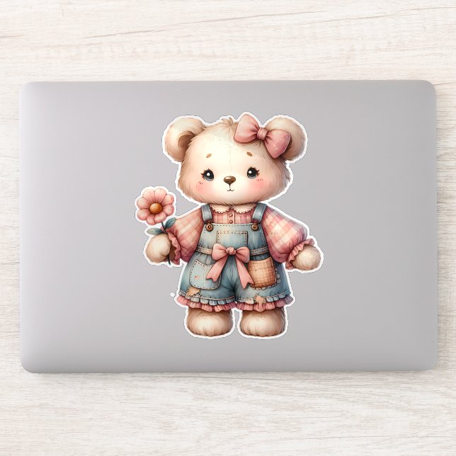 Pastel Teddy Bear Holding Flower Wearing Overalls Sticker (Computer)