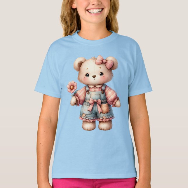 Pastel Teddy Bear Holding Flower Wearing Overalls T-Shirt (Front)