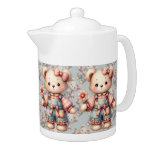 Pastel Teddy Bear Holding Flower Wearing Overalls Teapot