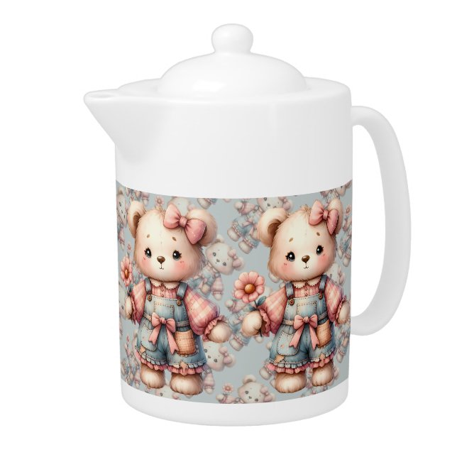 Pastel Teddy Bear Holding Flower Wearing Overalls Teapot (Right)