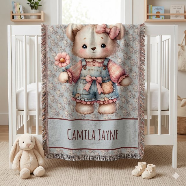 Pastel Teddy Bear Holding Flower Wearing Overalls Throw Blanket (Pastel Teddy Bear Holding Flower Wearing Overalls Throw Blanket)