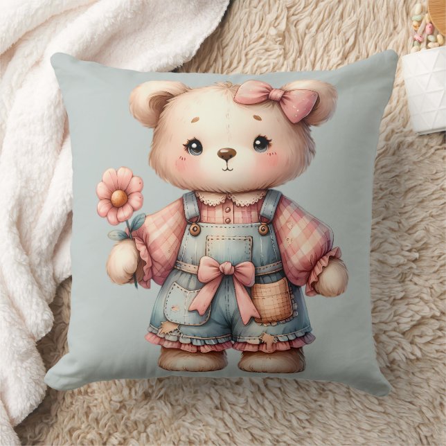 Pastel Teddy Bear Holding Flower Wearing Overalls Throw Pillow (Blanket)