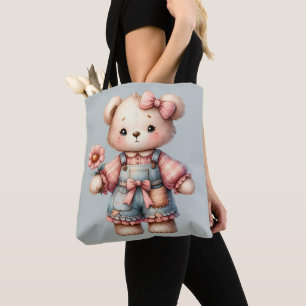 Pastel Teddy Bear Holding Flower Wearing Overalls Tote Bag