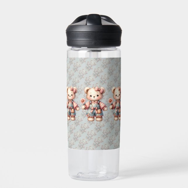 Pastel Teddy Bear Holding Flower Wearing Overalls Water Bottle (Front)