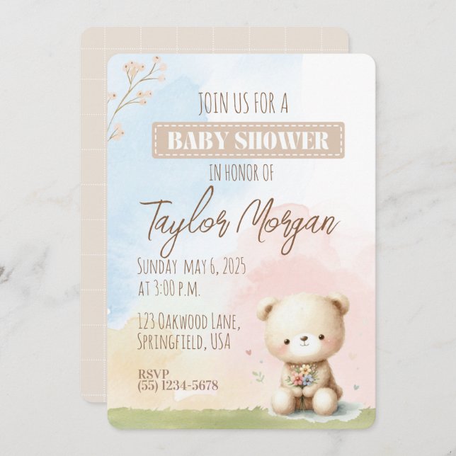 Pastel Teddy Bear  Invitation (Front/Back)