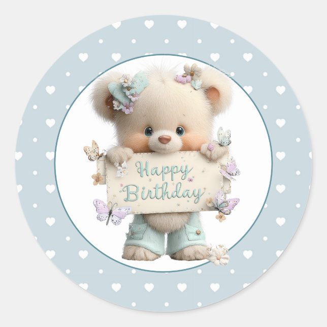 Pastel Teddy Birthday  Classic Round Sticker (Front)
