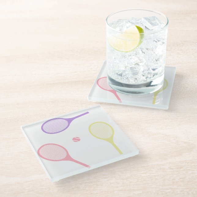Pastel Tennis Rackets with Tennis Ball    Glass Coaster (Angled)
