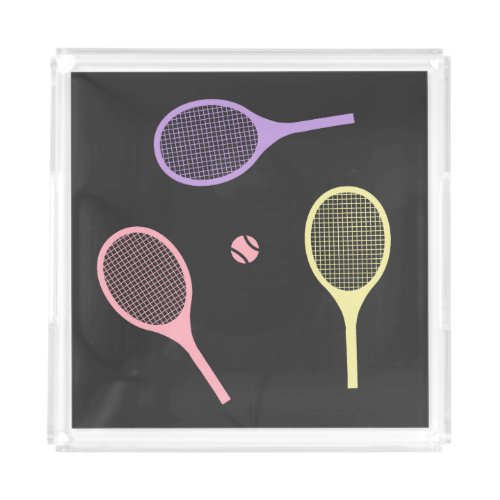 Pastel Tennis Rackets with Tennis Ball on Black   Acrylic Tray