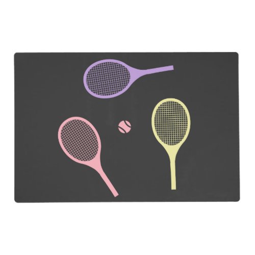 Pastel Tennis Rackets with Tennis Ball on Black   Placemat