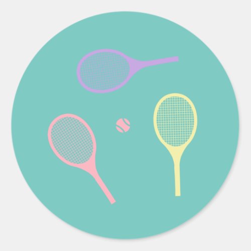 Pastel Tennis Rackets with Tennis Ball on Green   Classic Round Sticker