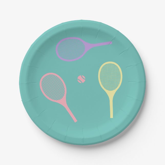 Pastel Tennis Rackets with Tennis Ball on Green    Paper Plates (Front)