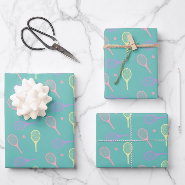 Pastel Tennis Rackets with Tennis Ball on Green   Wrapping Paper Sheets (Front)