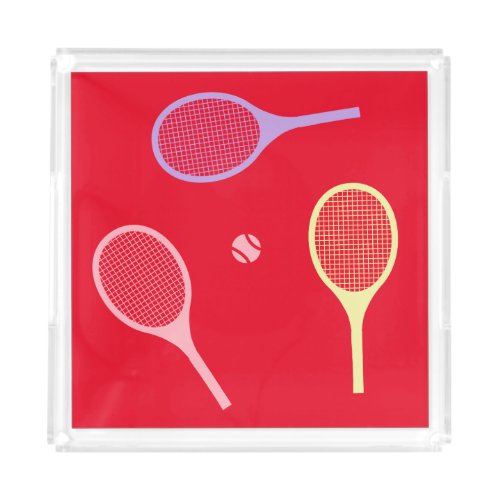 Pastel Tennis Rackets with Tennis Ball on Red    Acrylic Tray