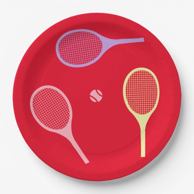 Pastel Tennis Rackets with Tennis Ball on Red   Paper Plates (Front)