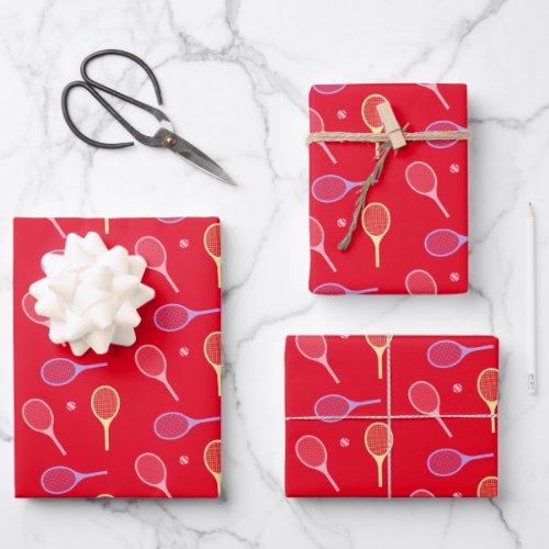 Pastel Tennis Rackets with Tennis Ball on Red Wrapping Paper Sheets