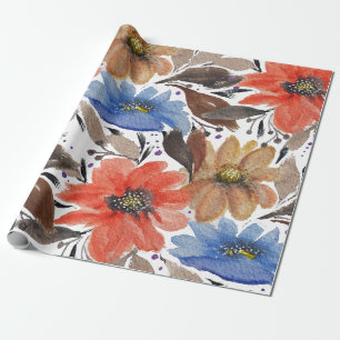 Pastel Terracotta Blue Floral Watercolor Pattern Wrapping Paper