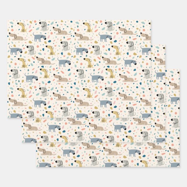 Pastel Terrazzo Funny Cute Dog Pattern Wrapping Paper Sheets (Set)