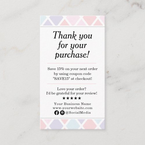 Pastel Thank You For Your Purchase Business Card