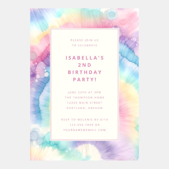 Pastel Tie-Dye 70's Themed Birthday Invitation (Front)