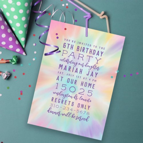 Pastel Tie Dye Colorful Birthday Party Invitation