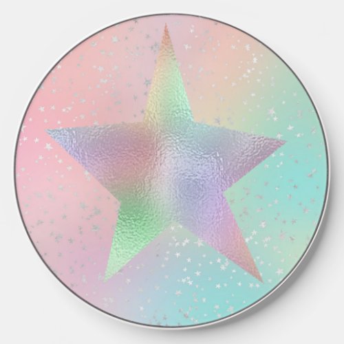 Pastel tie dye cute holographic star wireless charger 