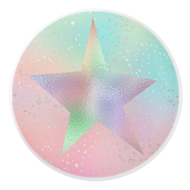 Pastel tie dye holographic look star cute pink ceramic knob (Front)