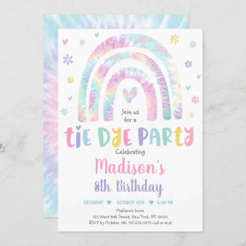 Pastel Tie Dye Rainbow Boho Hippie Girls Birthday Invitation