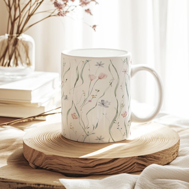 Pastel Tiny Spring Flowers Pattern Coffee Mug (Pastel Tiny Spring Flowers Pattern Coffee Mug on a sunny neutral boho kitchen table.)
