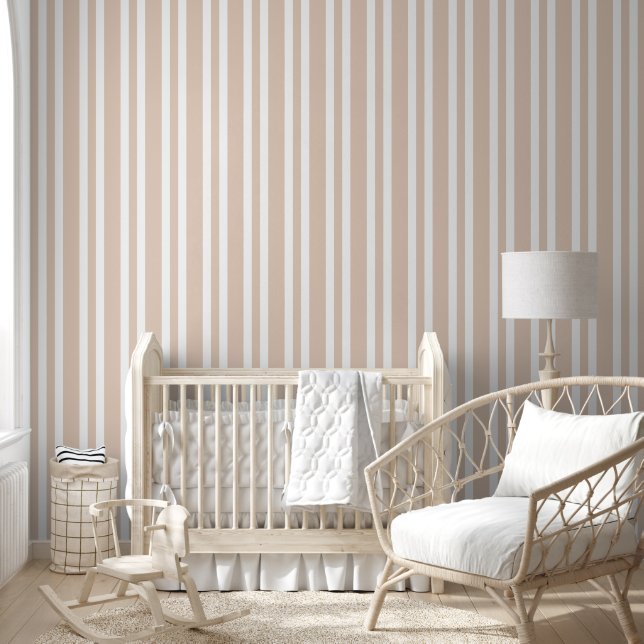 Pastel Toasted Almond Beige White Stripes Pattern Wallpaper (Kids)
