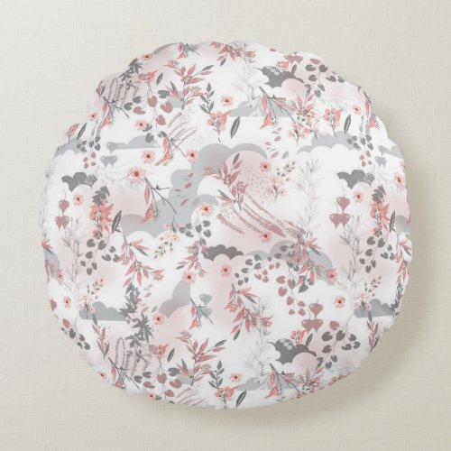 Pastel Tone Floral Seamless Pattern Round Pillow