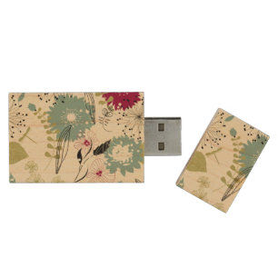 Pastel Tones Retro Floral Design Wood USB Flash Drive