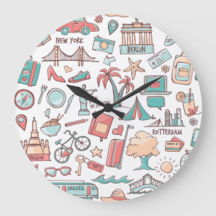 Pastel Tourist Pattern Large Clock