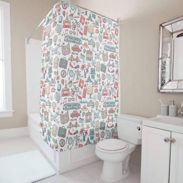 Pastel Tourist Pattern Shower Curtain (In Situ)